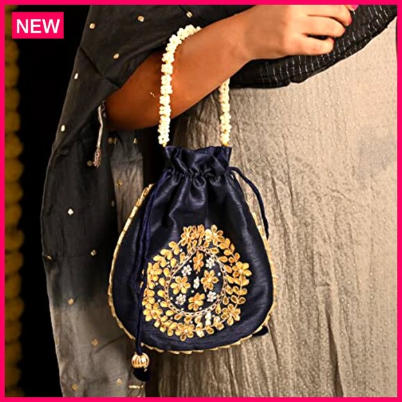 Embroidered Potli Clutch Wristlet Handmade Traditional Ethnic Wedding Party - Picture 2 of 7